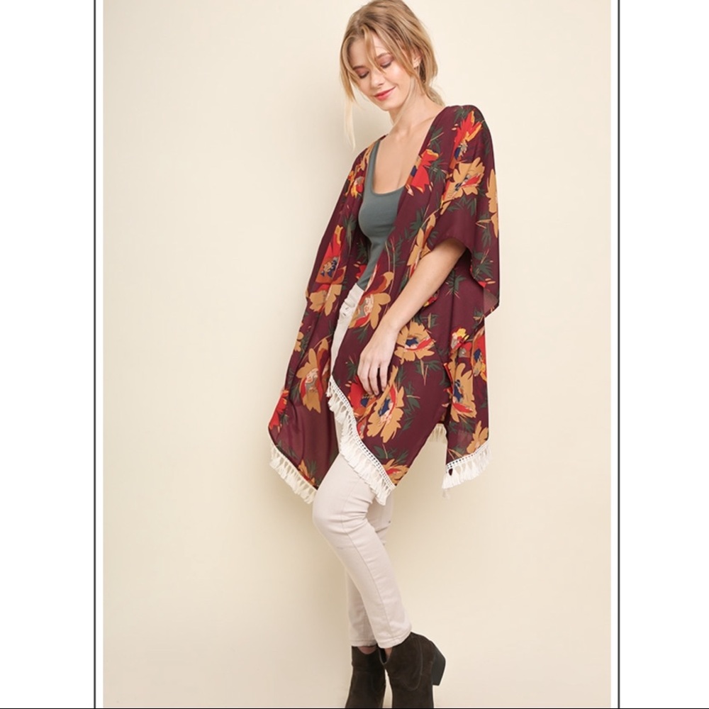 Floral Print Kimono Tassel Trim - Picture 2 of 10